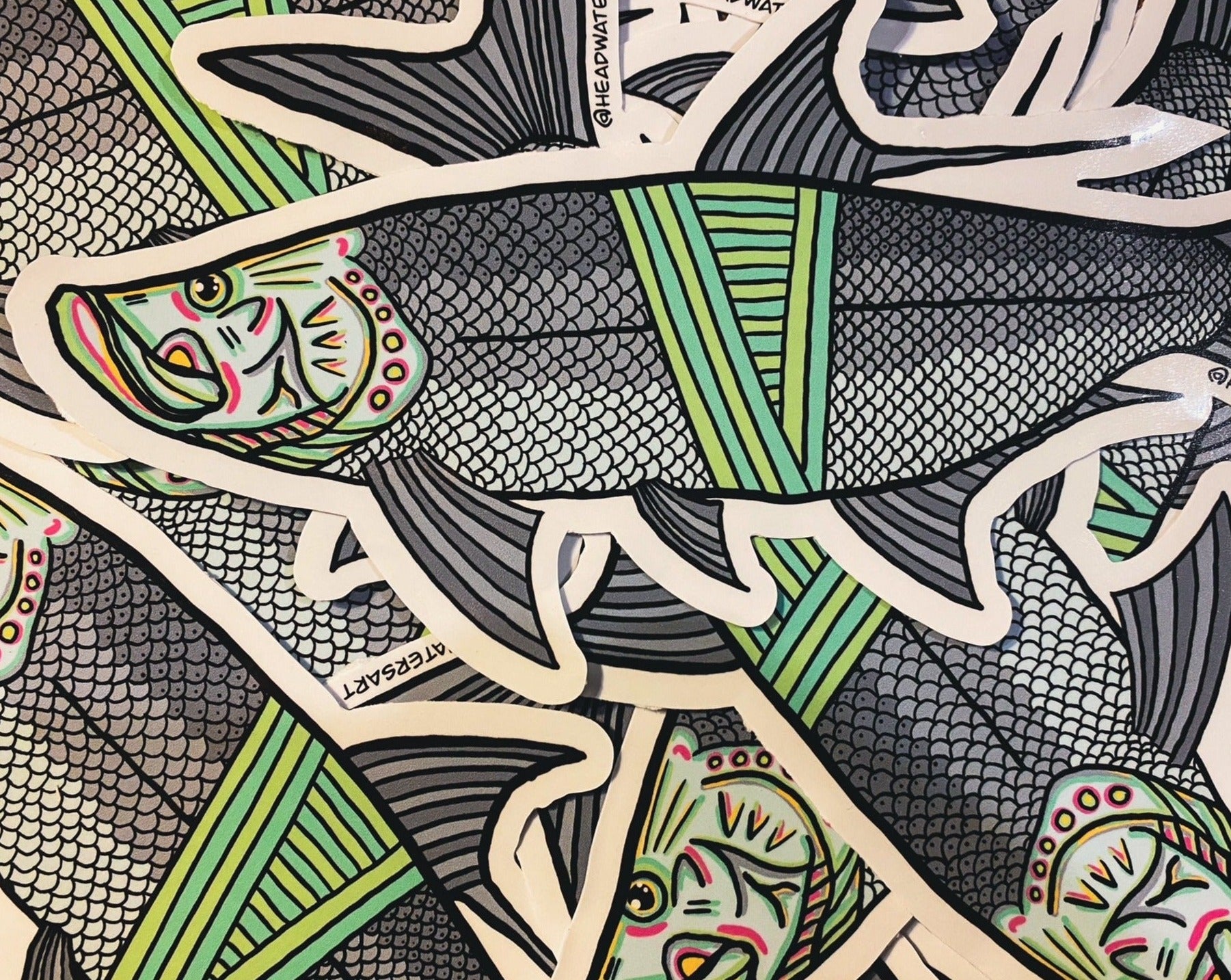 Tarpon artwork featuring hand-drawn art by Justin Webber. All fish measure approximately 120mm and 250mm. Premium vinyl stickers, specially laminated to resist the elements.