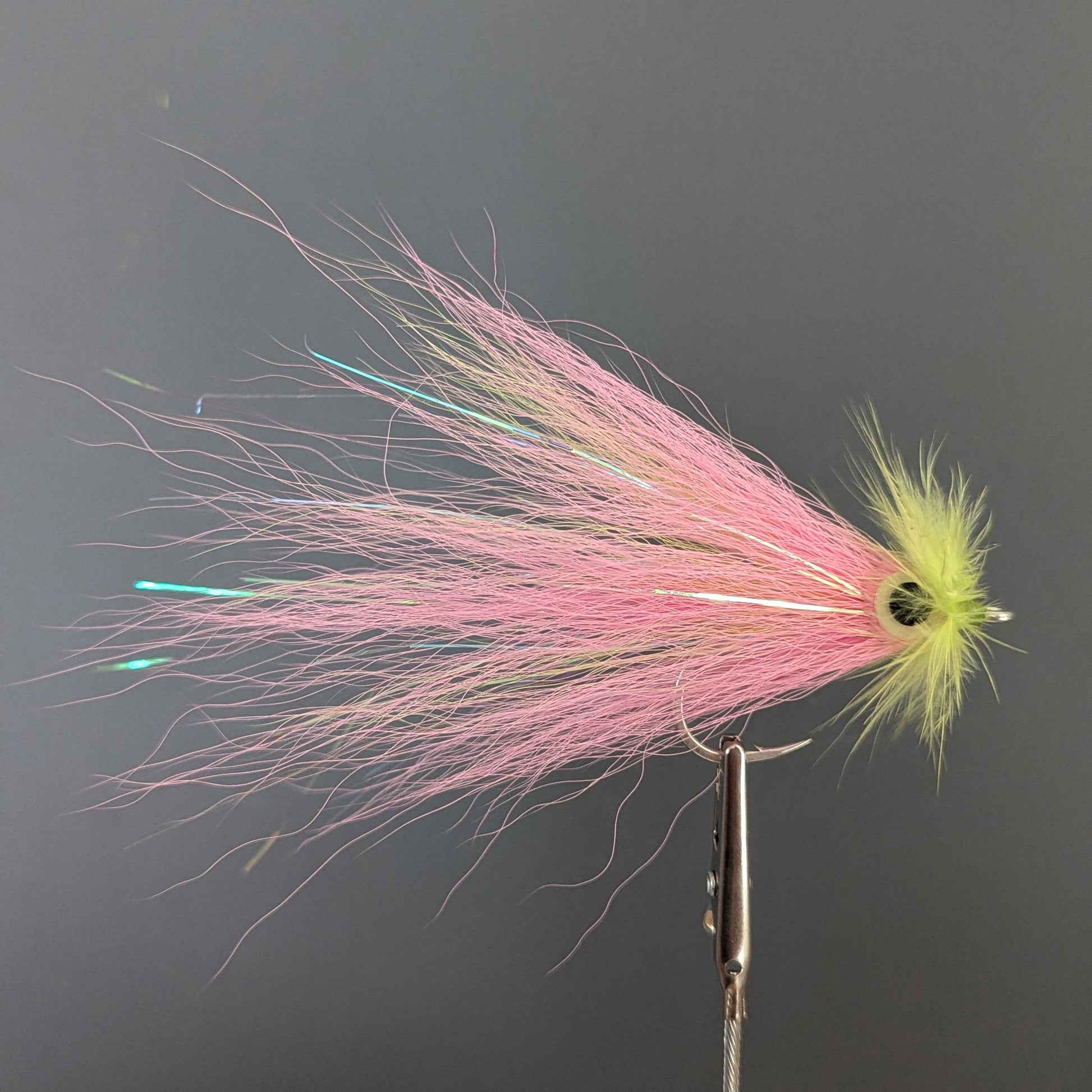 Fishing live scope fly with pink and yellow fibers on a dark background