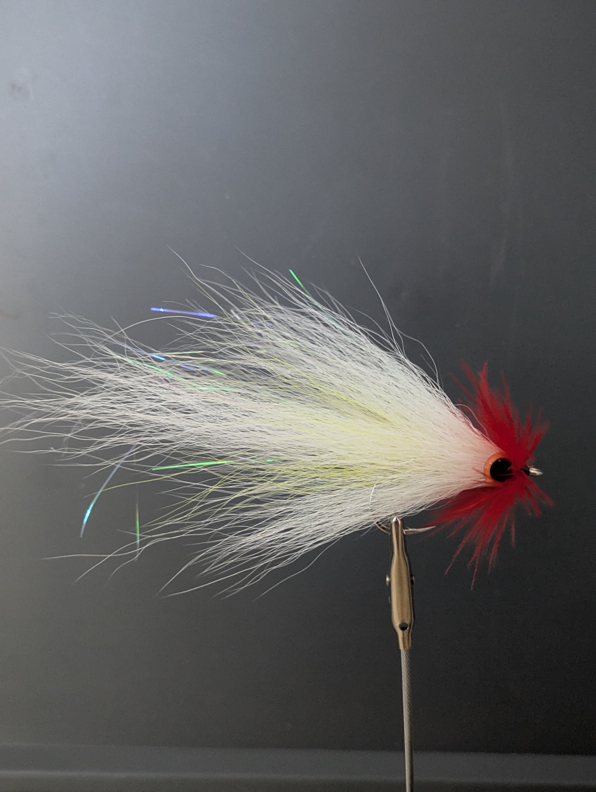 Fishing live scope fly with white and red details on a black background