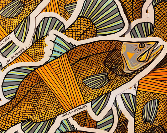 Barramundi artwork featuring hand-drawn art by Justin Webber. All fish measure approximately 120mm and 250mm. Premium vinyl stickers, specially laminated to resist the elements.