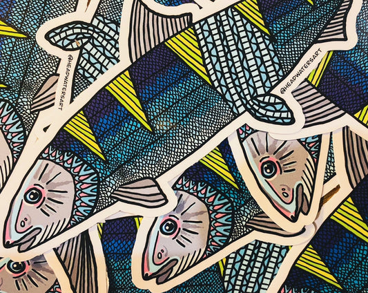 Bonefish artwork featuring hand-drawn art by Justin Webber. All fish measure approximately 120mm and 250mm. Premium vinyl stickers, specially laminated to resist the elements.