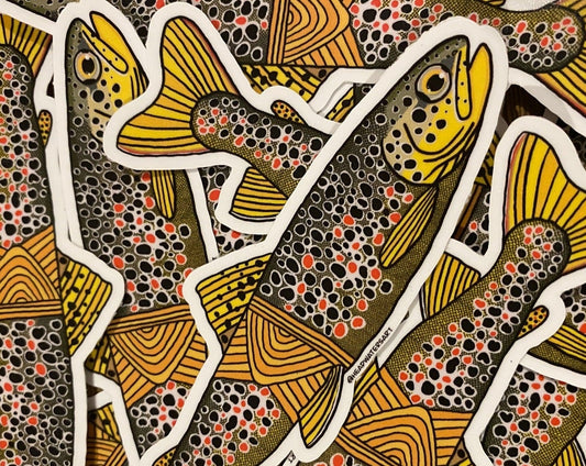 High Country Brown Trout artwork featuring hand-drawn art by Justin Webber. All fish measure approximately 120mm and 250mm. Premium vinyl stickers, specially laminated to resist the elements.