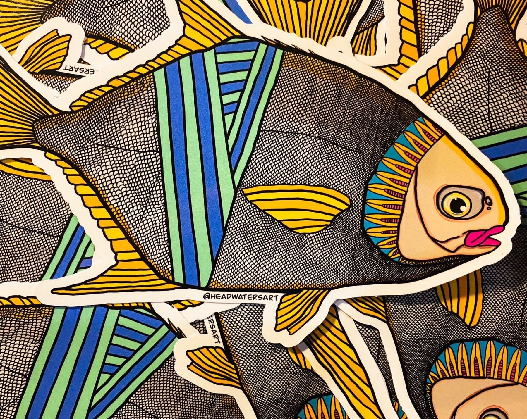 Permit artwork featuring hand-drawn art by Justin Webber. All fish measure approximately 120mm and 250mm. Premium vinyl stickers, specially laminated to resist the elements.