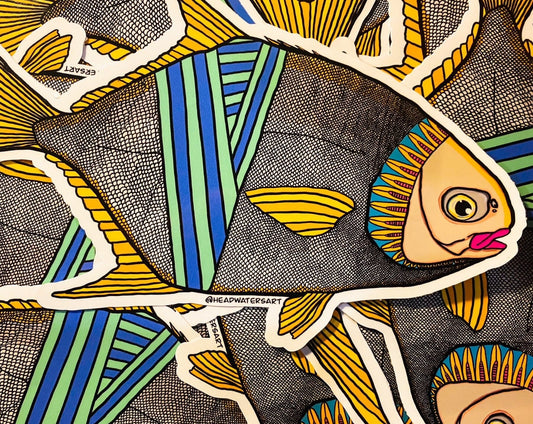 Permit artwork featuring hand-drawn art by Justin Webber. All fish measure approximately 120mm and 250mm. Premium vinyl stickers, specially laminated to resist the elements.
